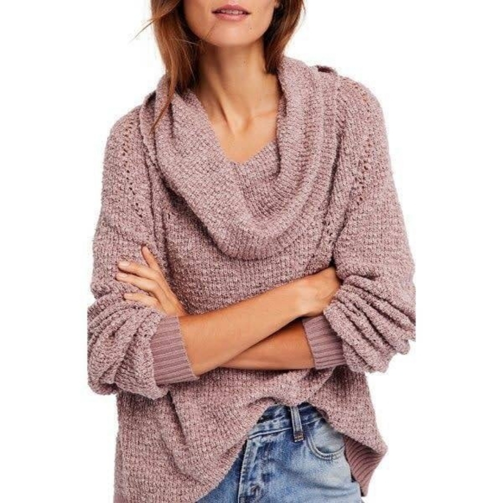 Free People By Your Side Size M Knit Cowl Neck Sweater Cozy Cabincore Chunky